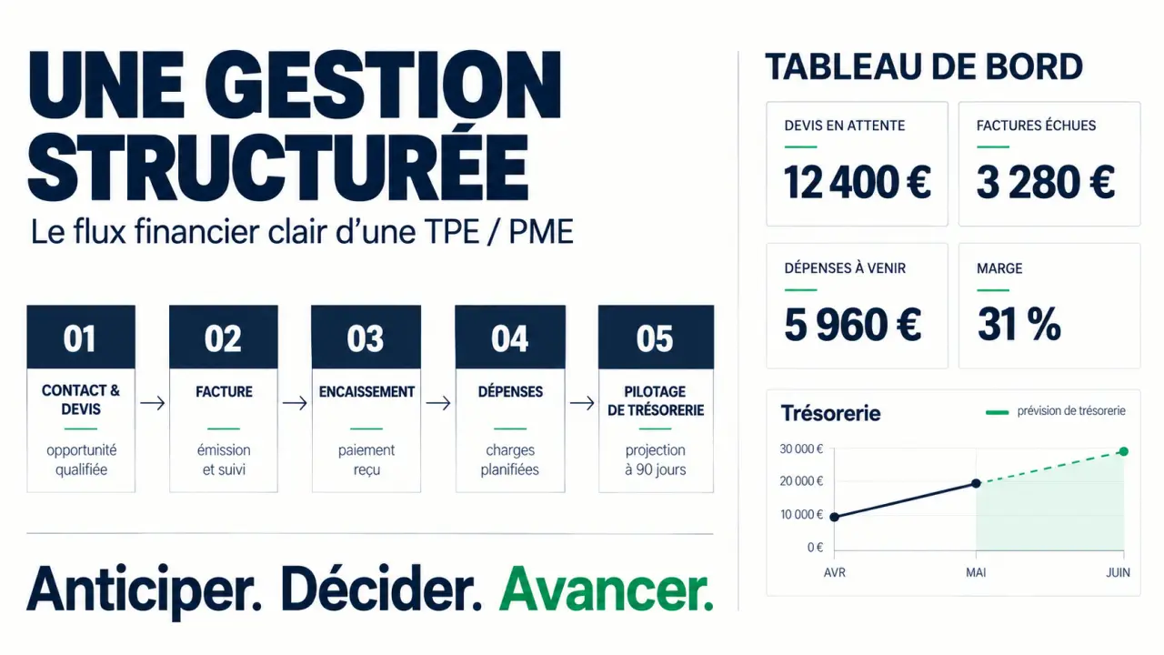 Open gestion : flux de suivi des devis, factures, encaissements et trésorerie