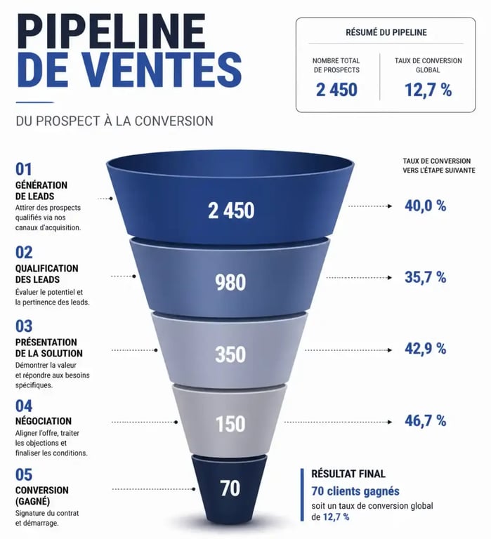 Représentation graphique du pipeline commercial et des fonctionnalités CRM