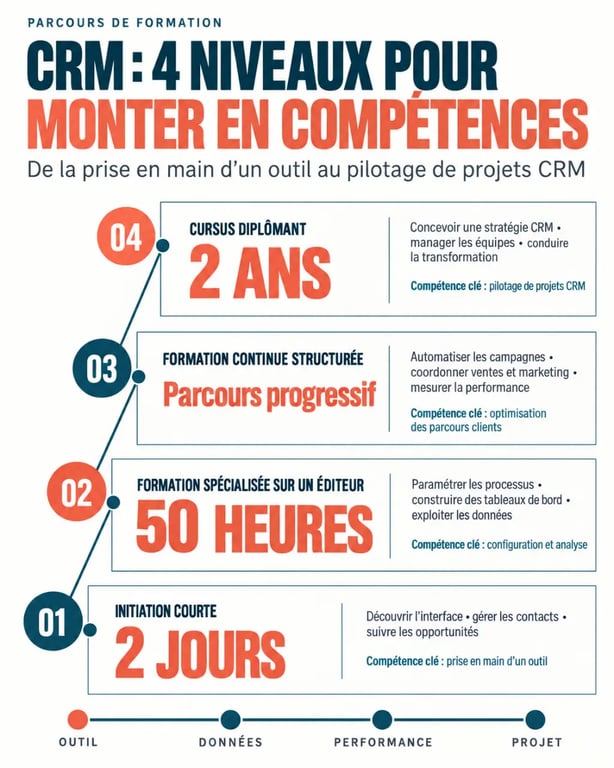 Infographie sur les parcours de formation Customer Relationship Management et leurs durées