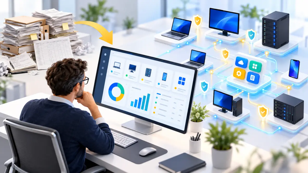 Tableau de bord de gestion d'un parc informatique avec équipements connectés