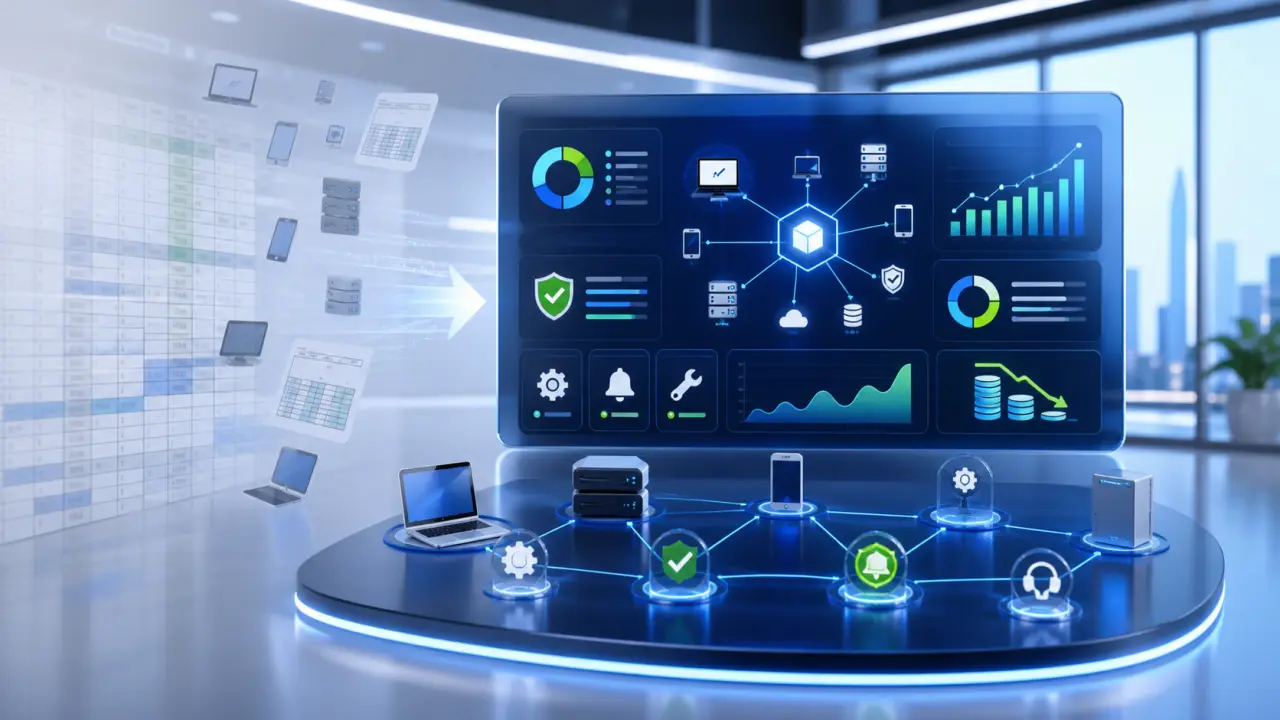 Tableau de bord SaaS de gestion de parc informatique avec équipements connectés