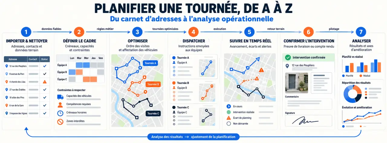 Schéma du processus d’un planificateur de tournées, de l’import des adresses au suivi terrain