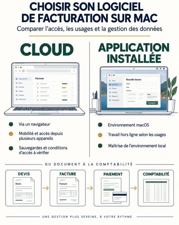 Infographie comparative d’un logiciel de facturation sur Mac : solution cloud ou application installée