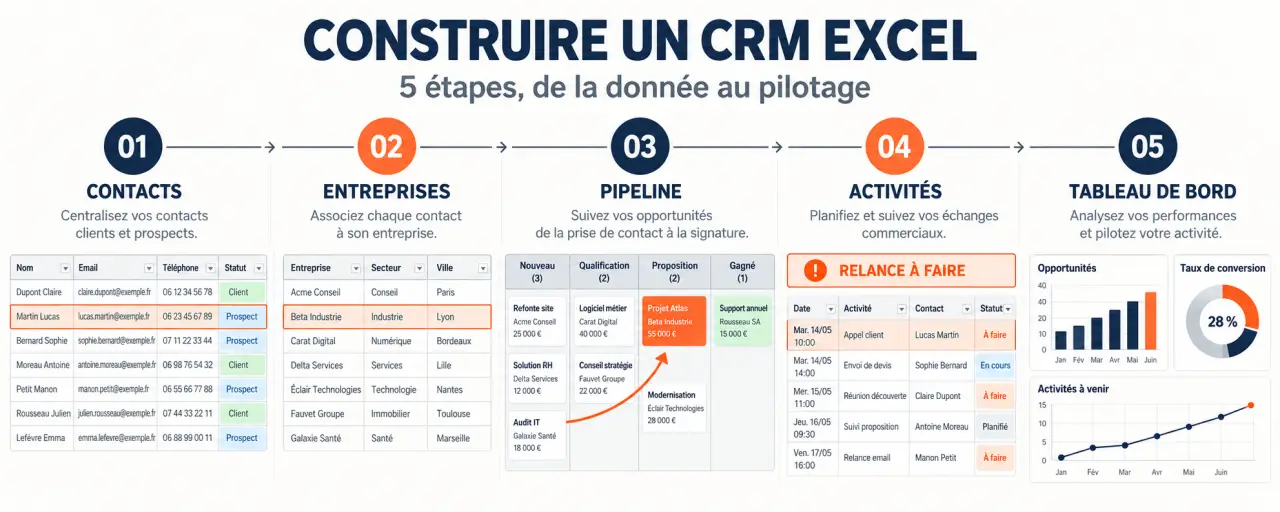 CRM Excel structuré avec onglets Contacts, Entreprises, Pipeline, Activités et Tableau de bord