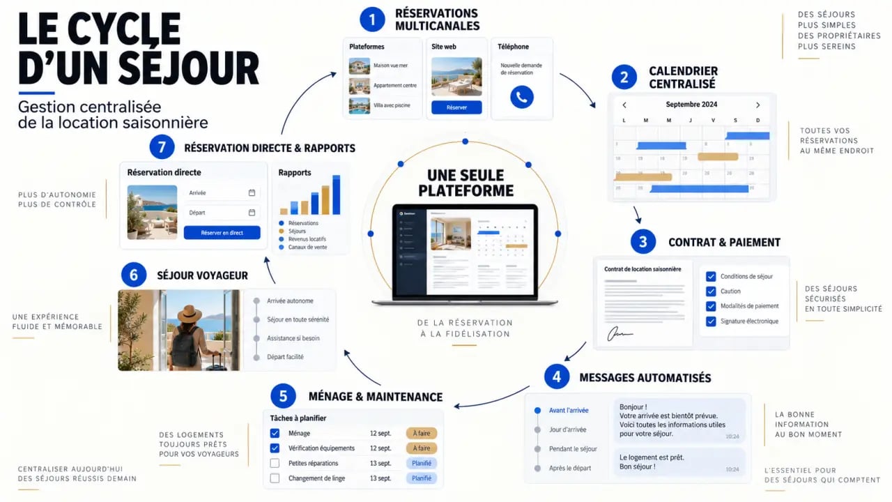 Infographie d’un logiciel de gestion de location saisonnière et du cycle complet d’un séjour