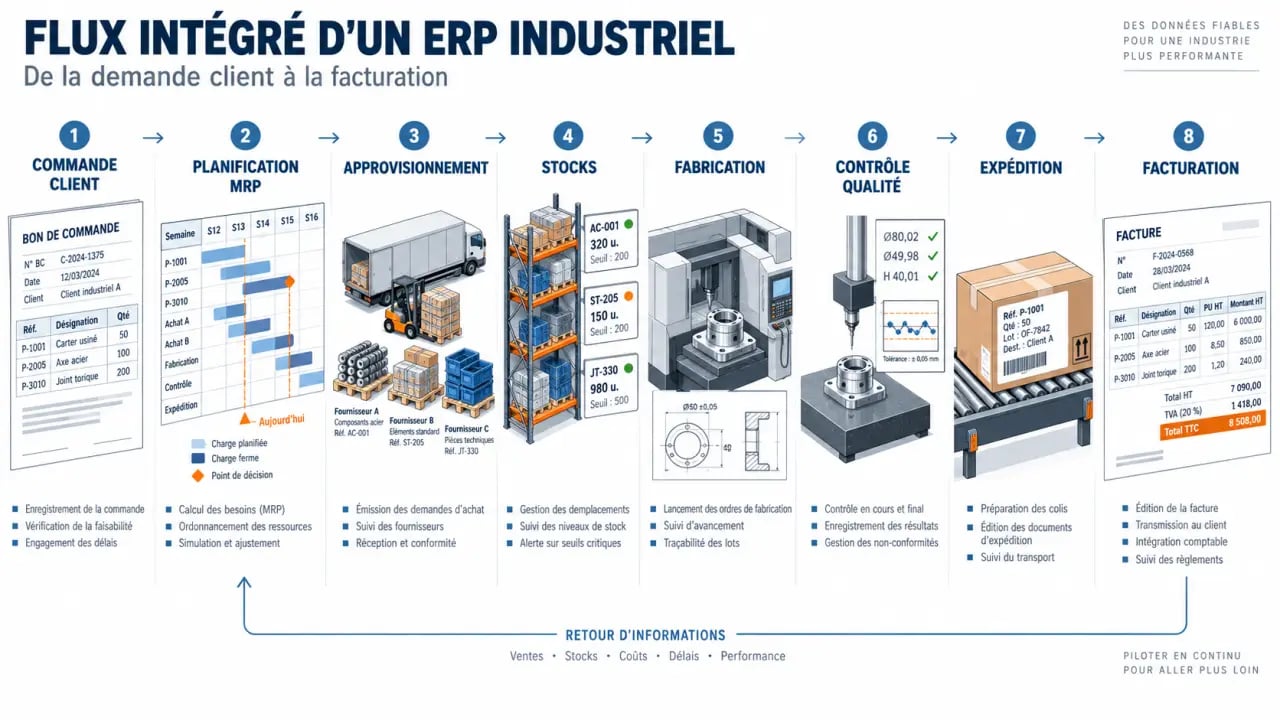 Schéma du flux intégré d’un ERP industriel, de la commande client à la facturation