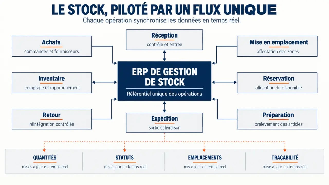 Schéma du flux d’un ERP gestion de stock, de la réception à l’inventaire