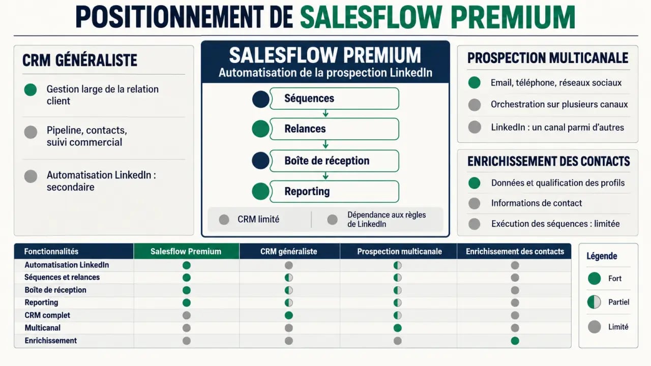 Infographie de l’avis logiciel CRM Salesflow Premium et de son positionnement face aux CRM généralistes