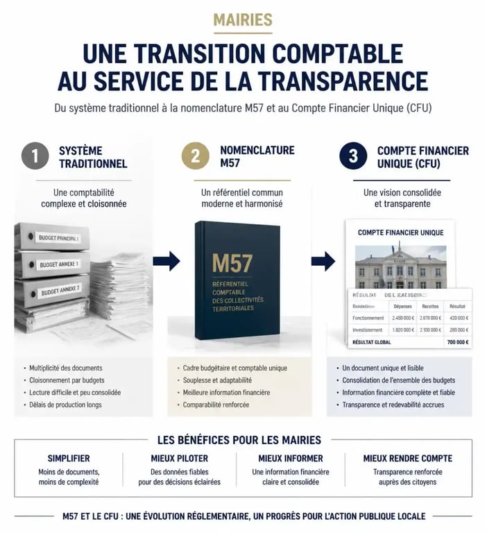 Schéma explicatif de la transition vers la nomenclature M57 et le logiciel comptabilité mairie