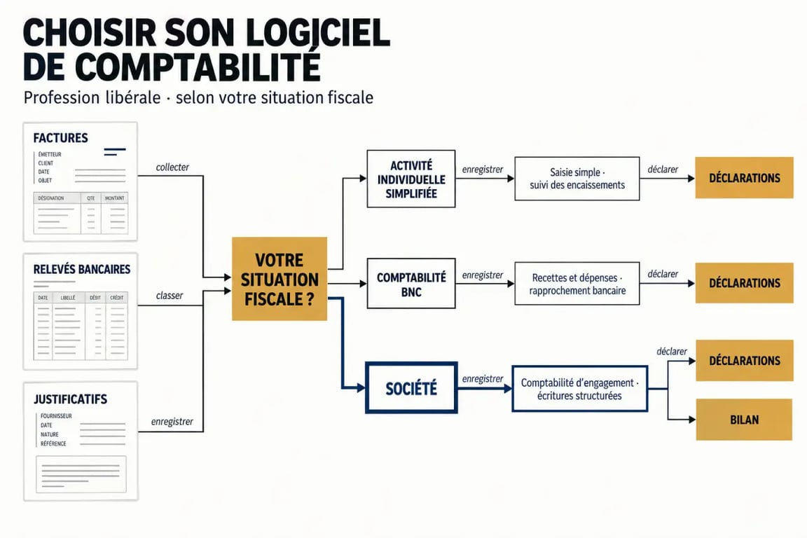 Logiciel de comptabilité pour profession libérale : parcours visuel selon le régime fiscal
