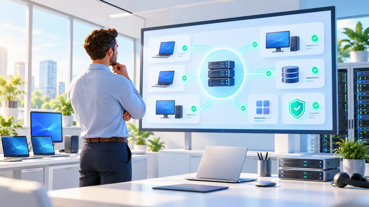 Tableau de bord de gestion d'un parc informatique avec ordinateurs, serveurs et smartphones connectés
